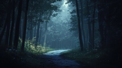 Fototapeta premium Serene Path Through A Misty Dark Forest