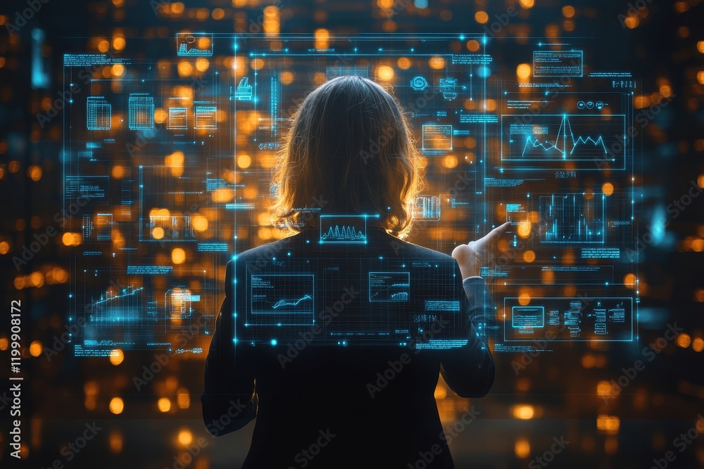 Poster digital interaction with data visuals in a modern environment during an evening setting
