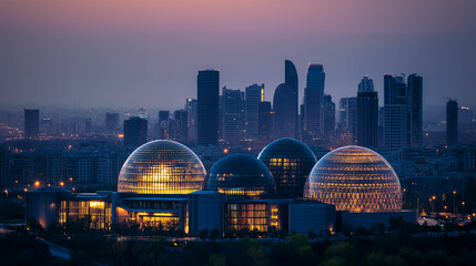 Naklejka premium Glistening domes reflect city lights under the twilight sky in a modern urban landscape