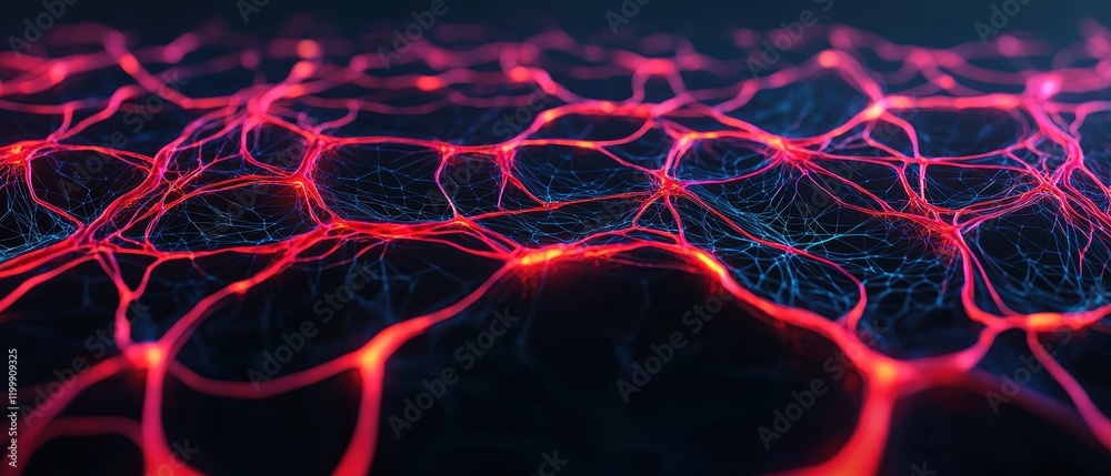 Poster A vibrant, abstract representation of interconnected nodes and lines, showcasing a network-like structure with striking red and blue hues.