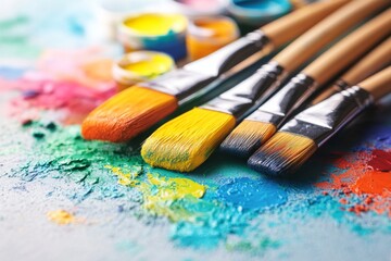 An artist painting on a large canvas in a sunny studio, surrounded by brushes and colorful paints