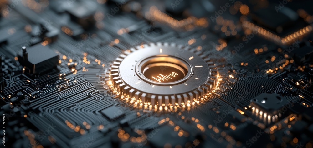 Poster A close-up of a circuit board showcases intricate details and glowing elements, emphasizing technology and innovation.
