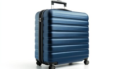 Fototapeta premium Sturdy navy-blue suitcase with smooth wheels and modern design, isolated on a bright white background 