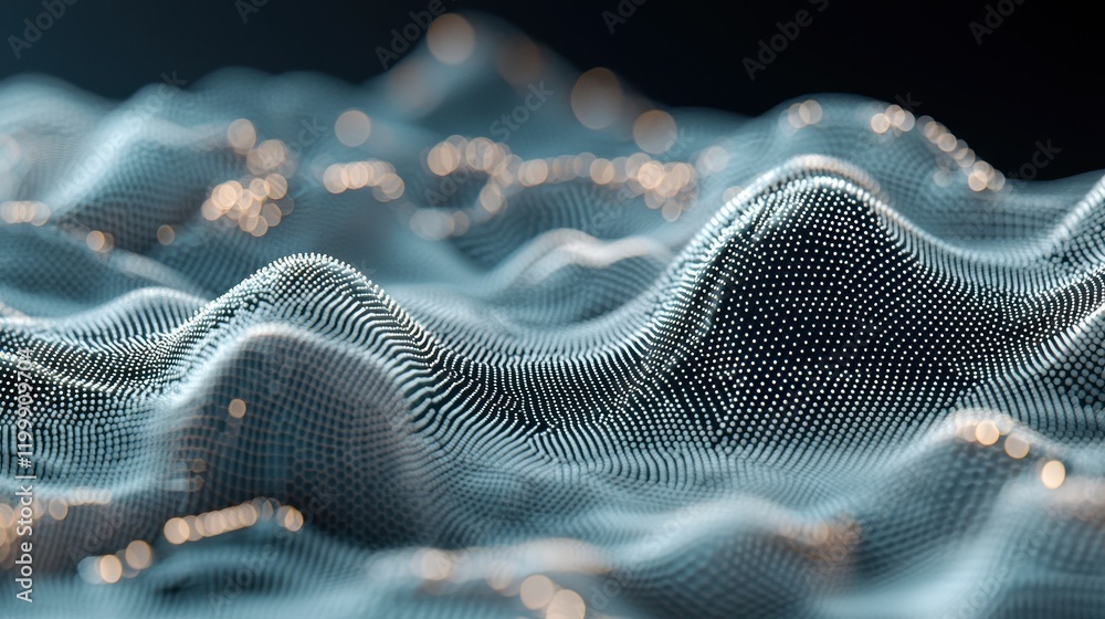Leinwandbilder A mesmerizing wave of light and particles creates a dynamic, digital landscape, showcasing depth and texture in an abstract form.