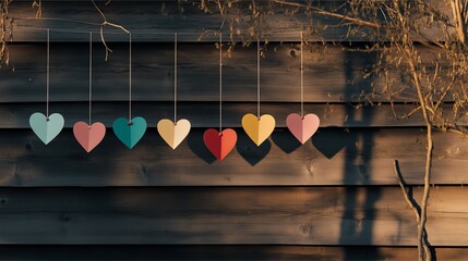 Colorful paper hearts hanging on strings against rustic wooden wall, warm and romantic decoration