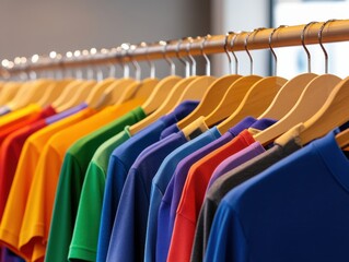 Fototapeta premium Colorful t-shirts hanging neatly on wooden hangers in a store.