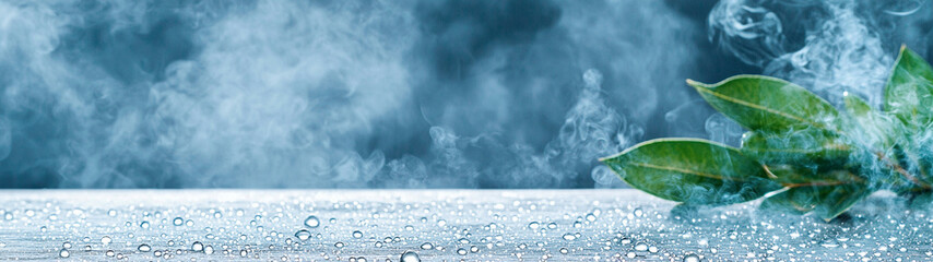 spray water drop droplet steam fog air, Fresh green leaves with water droplets on surface, surrounded by steam