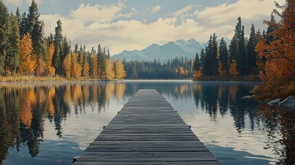 Serene autumnal lake scene with wooden dock extending towards majestic mountains and colorful trees reflecting in calm water.