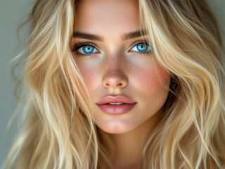 Fototapeta premium Blonde woman with blue eyes and soft makeup against neutral background
