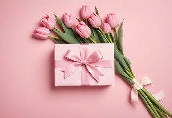Fototapeta premium White tulips, hearts and gift boxes on pink background. Happy mother's day concept. Top view with copy space. 