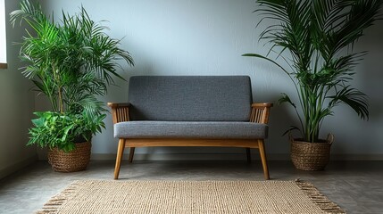 Fototapeta premium Mid-century sofa, plants, room, interior design, calm.