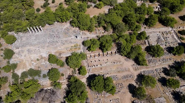 Footage of historical ruins, columns, ancient theater and temples in the ancient city of Priene.