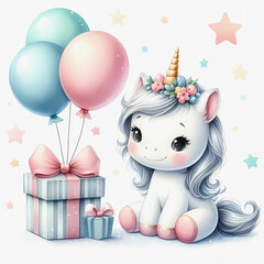 Watercolor illustration of cute little unicorn with baloons and gift box. Cute unicorn character. Greeting card.