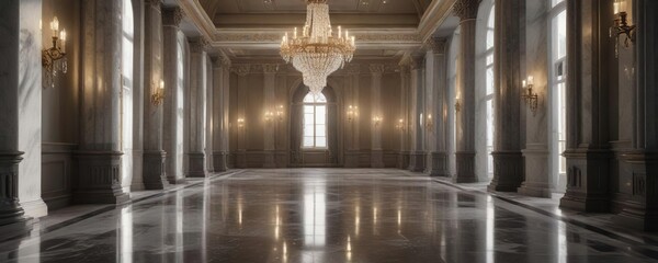 Obraz premium Corridor with polished marble floor and ornate columns, lit by a chandelier with crystal drops, corridor, columns