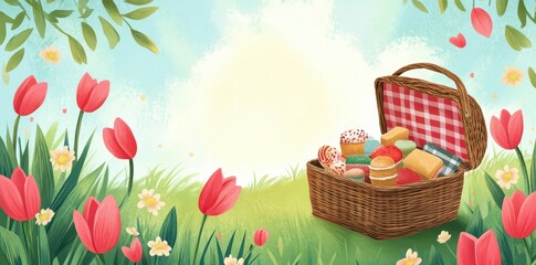 Spring Picnic Basket Filled With Sweet Treats And Flowers