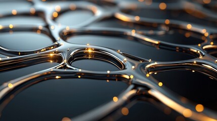 A close-up view of a shiny, interconnected pattern with glowing elements, creating an intriguing abstract design.