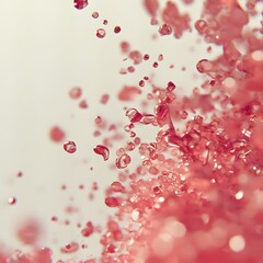 Close-up of red droplets creating a splash effect, emphasizing movement and texture.