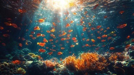 Fototapeta premium Vibrant coral reef teeming with colorful fish bathed in sunlight. Ideal for ocean-themed projects, website backgrounds, or nature documentaries.