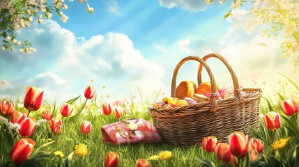 Spring Picnic Basket Amongst Tulips and Blossoms