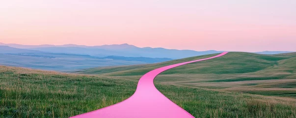 Fototapete Rund Cancer with awareness and compassion concept. Vibrant pink path winding through lush green hills at dusk. © Watcharaphon