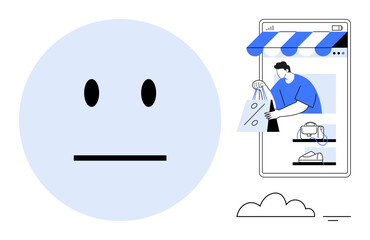 Blue face with neutral expression, smartphone displaying online storefront with person holding shopping bags. Ideal for e-commerce, consumer behavior, digital marketing, user experience, online