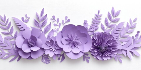 Purple paper-cut flowers and leaves on a white background.