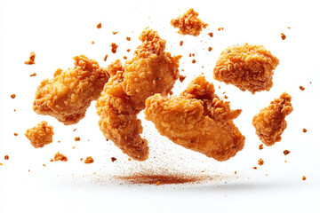 Golden fried chicken wings, coated in aromatic spices, glistening with flavor and served fresh on a plate.