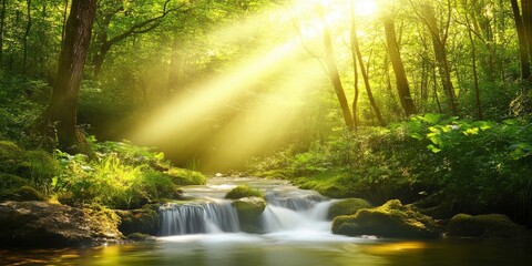 Fototapeta premium A peaceful forest with a gentle stream flowing through it, illuminated by the soft glow of sunlight filtering through the lush green trees