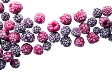 Mixed frozen berries scattered across a white background with vivid colors and textures attracting attention