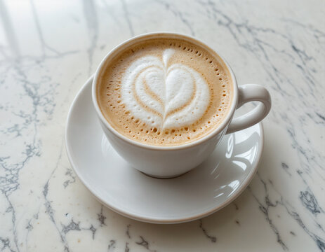 Cup vanilla of coffee latte with milk foam heart in a cozy setting on a marble background