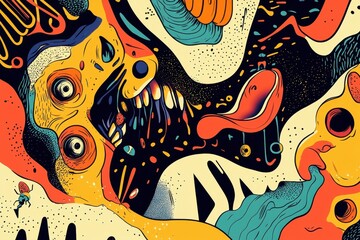 Abstract Colorful Grotesque Creature Faces Art