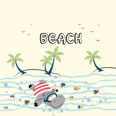 Adorable hippo cartoon vector illustration enjoying diving, featuring playful and colorful aquatic design