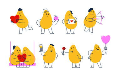 Set of simple mascot with face emotions, hands and legs. Valentines Day. Trendy Vector illustration for kids. Cute funny characters isolated