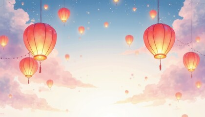 Obraz premium Vibrant Red Chinese Lanterns Against Fluffy White Clouds in Tranquil Sky景观
