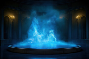 Enchanted blue mist rising from a circular fountain in an elegant room at night