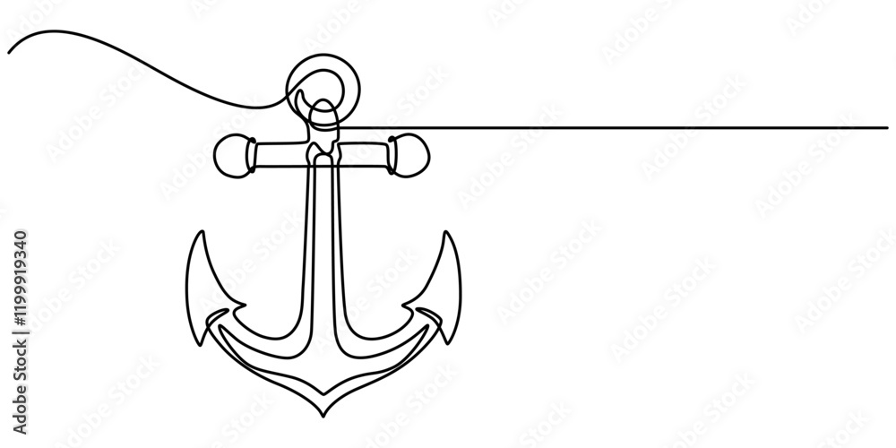Poster Nautical Anchor Continuous Line Drawing with Editable Stroke, Continuous line drawing of sea anchor, Large sea anchor of the ship. Set of sea ocean elements. Continuous one line drawing of anchor. 