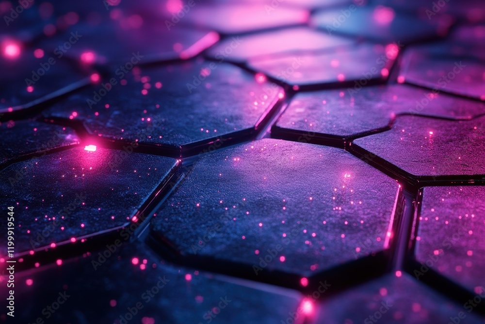 Poster abstract close-up of hexagonal patterns illuminated by pink and purple lights in a futuristic settin