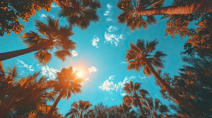 Sunlight filtering through palm trees in a tropical landscape during midday
