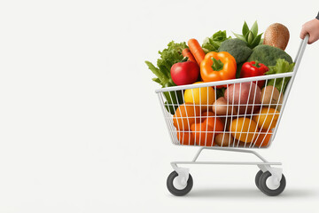 Shopping cart filled with fresh fruits and vegetables at a grocery store