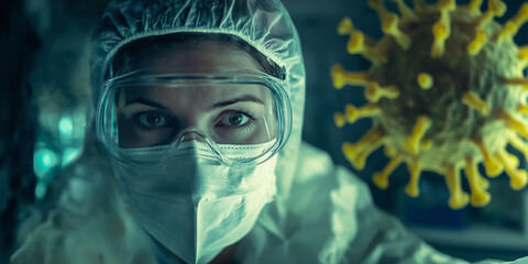 Professional laboratory scientist woman female worker doctor employee wearing face mask portrait against virus threat background.