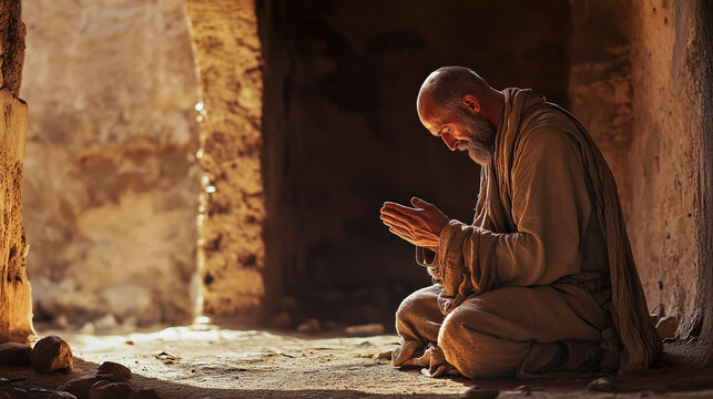 Man sitting on the ground prays with folded hands. 