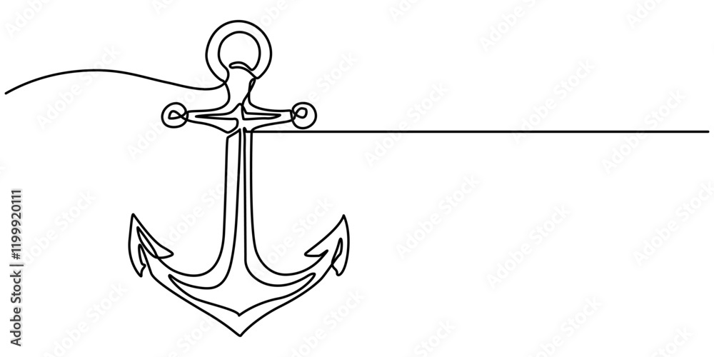 Poster Nautical Anchor Continuous Line Drawing with Editable Stroke, Continuous line drawing of sea anchor, Large sea anchor of the ship. Set of sea ocean elements. Continuous one line drawing of anchor. 