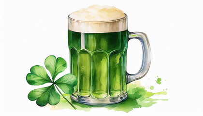 Watercolor painting of beer mug and shamrock, clover. St Patricks Day. Happy holiday. Hand drawn art
