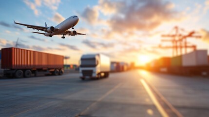 Airplane landing near cargo trucks and containers at sunset.