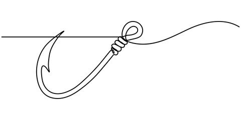 Fishing hook line continuous drawing vector. One line Hook vector background. Hook fisherman's equipment icon. Continuous outline of a Fishing hook, Fishing hook line icon. Fishing, fish, fisherman. 