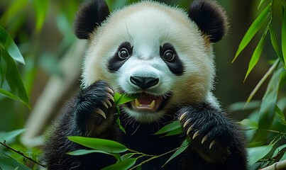 Fototapeta premium a Panda's Paws and Face, Covered in Bamboo Leaves and Chomping Happily on a Branch
