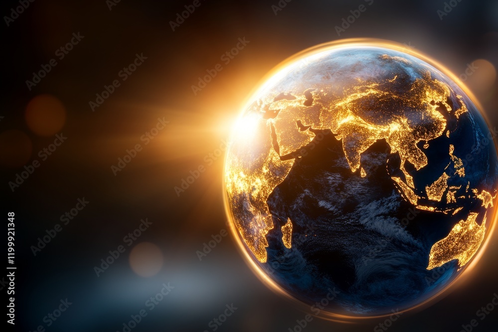 Poster a 3d-rendered globe with translucent continents and glowing blue oceans, spinning slowly in a dark v