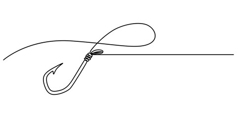 Fishing hook line continuous drawing vector. One line Hook vector background. Hook fisherman's equipment icon. Continuous outline of a Fishing hook, Fishing hook line icon. Fishing, fish, fisherman. 
