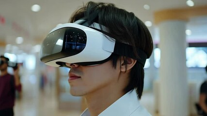 Young adult experiences virtual reality technology in a modern indoor space during daylight hours