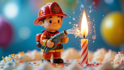 Obraz premium Firefighter Figurine Extinguishing Birthday Candle Cake